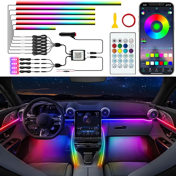 Acrylic LED Lights - Interior Car Ambient Lighting Kits with Dynamic Rainbow Dream Color Chasing, Music Sync (10 in 1(4*29.5+43.3+14.5 inches+4 Footwell Lights))