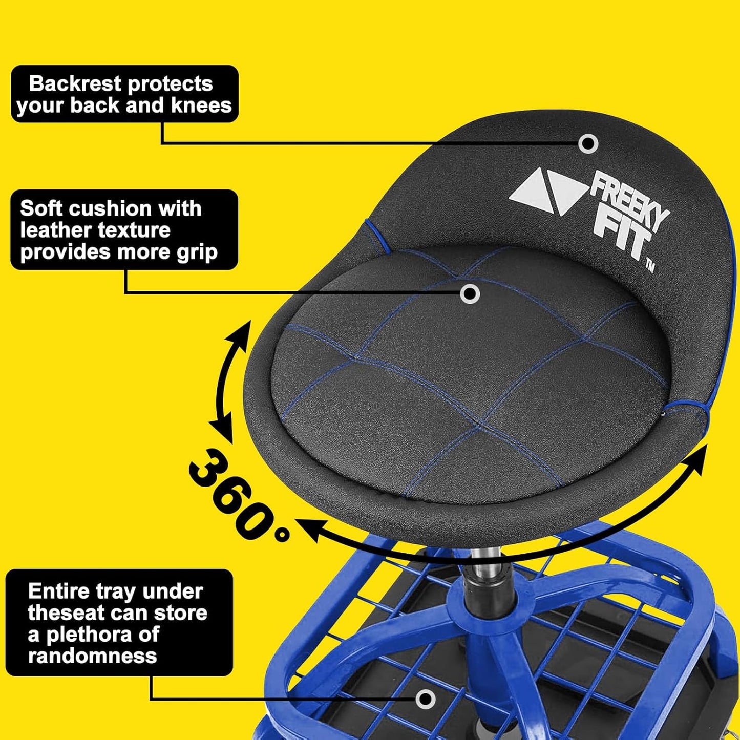 Rolling Stool with Blue Wheels,Heavy Duty Garage Work Mechanic Rolling Shop Stool with Backrest, Adjustable Height 360°Swivel Roller Mechanic Chair with 2 Tool Trays, 330 LBS Capacity