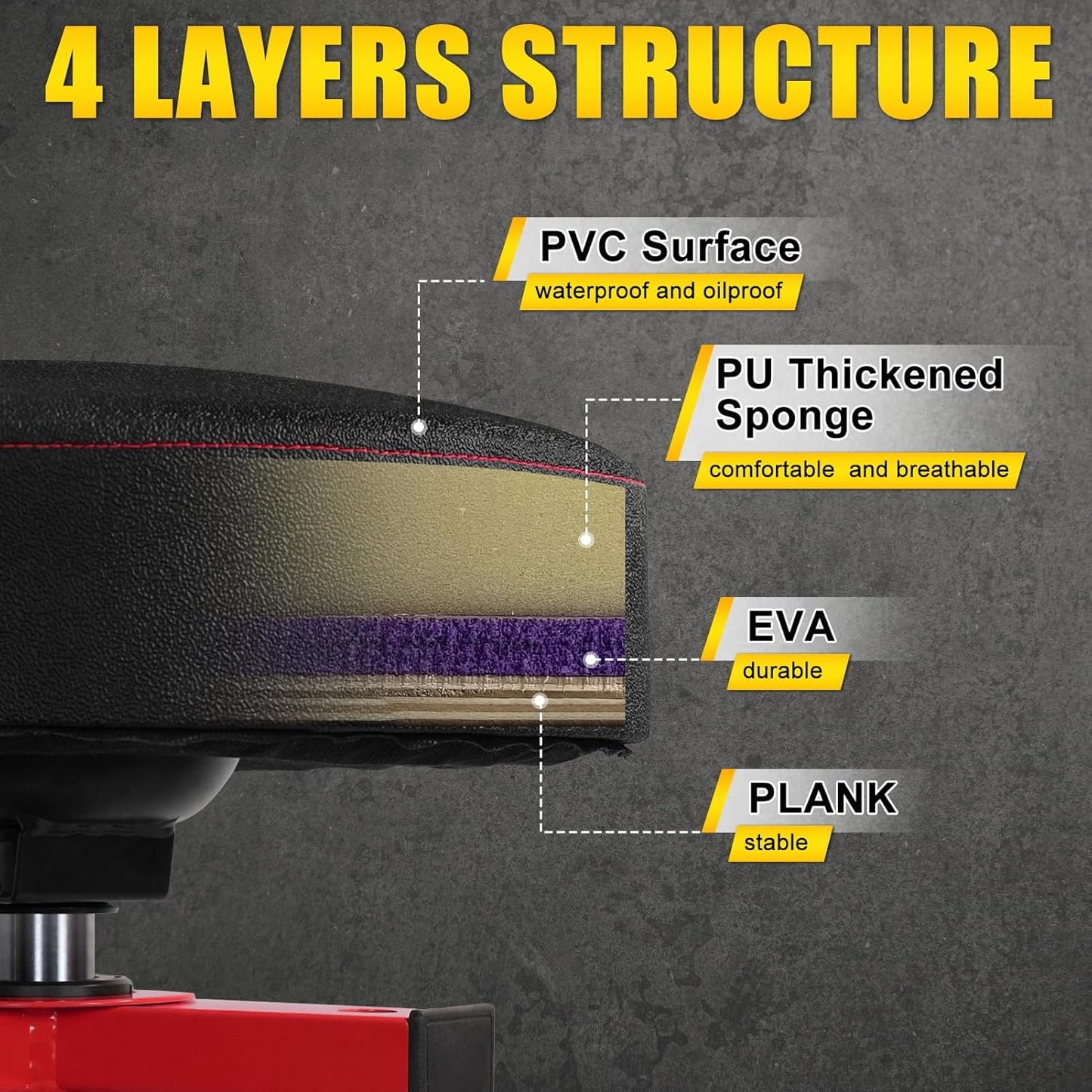 Adjustable Tall Shop Stool, Mechanic Garage Bar Stool Chair, Work Metal Chair for Workshop,360° Swivel Padded Seat, Tool Tray Storage, 350 LBS Capacity, Heavy Duty, Red