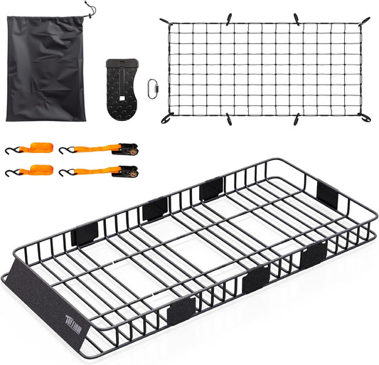 Bonnlo 250lbs Extendable Rooftop Cargo Carrier,84 * 39 * 5.5inch Universal Roof Rack Basket with Rubber Net,Storage Bag,Straps and Footrest,for SUV/Truck/Van
