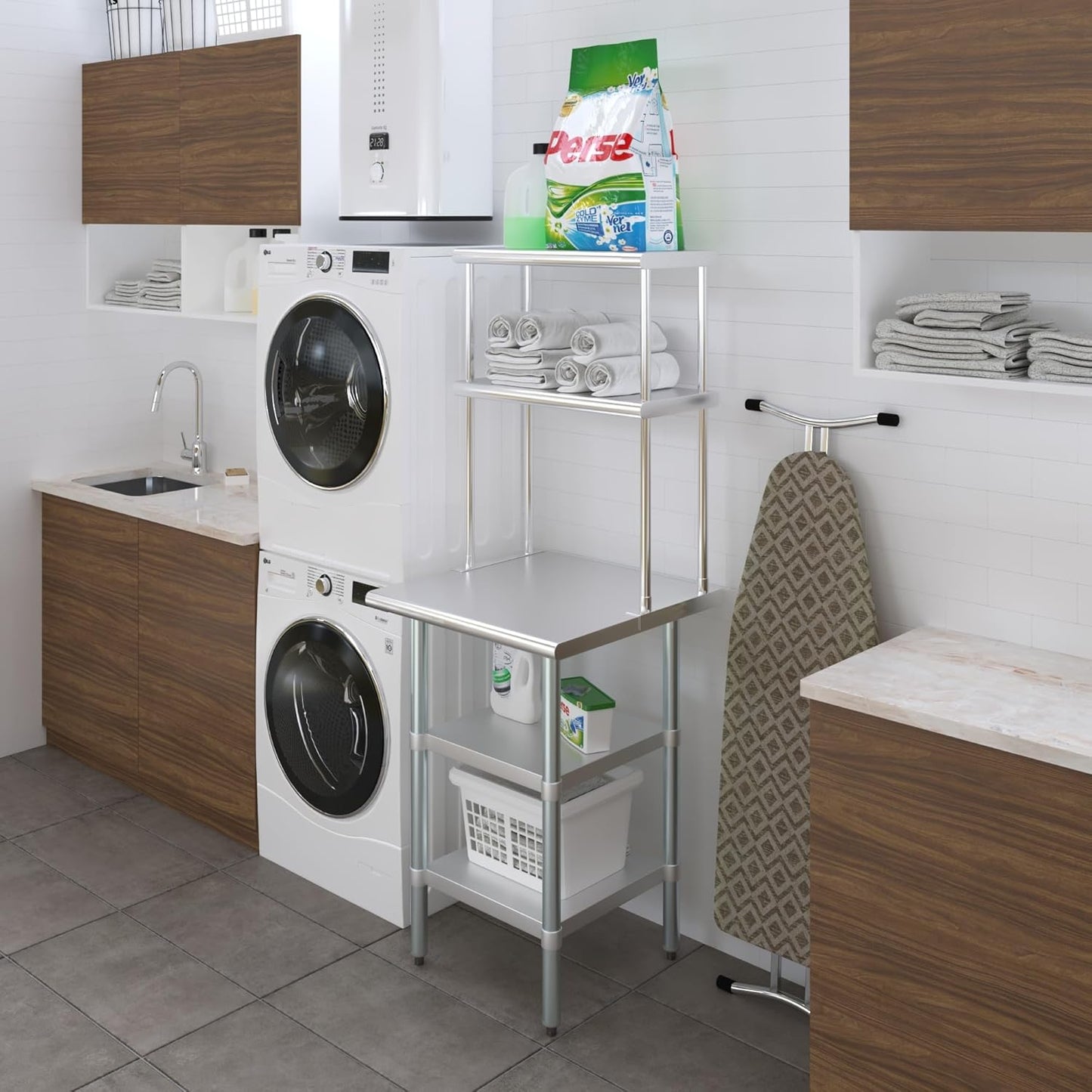 Amgood Stainless Steel Work Table with 2 Shelves | Metal Kitchen Prep Table & Shelving Combo (24" x 24" Table with 2 Shelves + 12" Overshelf)