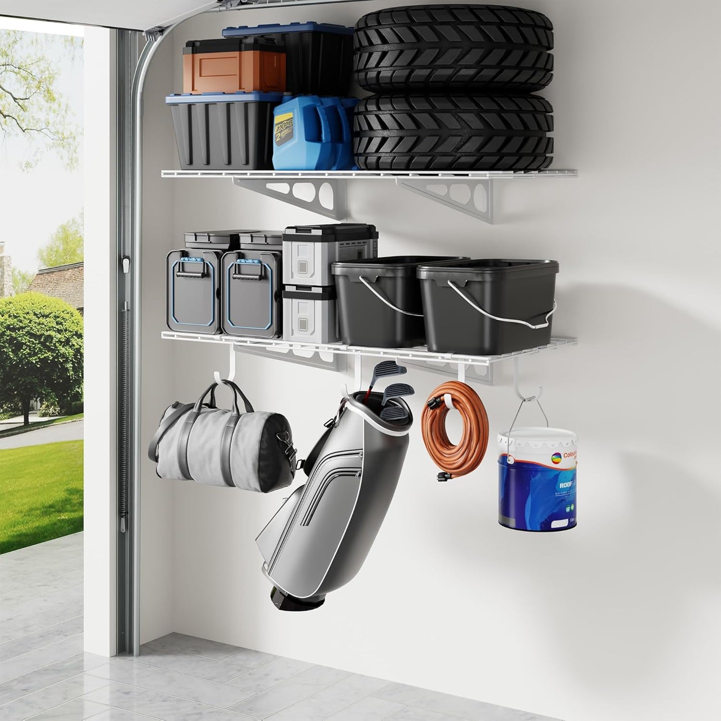 LEXIMOUNTS 2-Pack 2x4ft Garage Shelving with Hooks, 24-inch-by-48-inch Wall Shelf Garage Storage Racks Floating Shelves, White