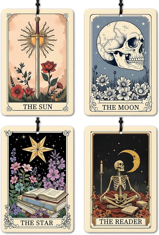 Witchy Gothic Car Air Freshener 4 Pcs, Vintage Boho the Moon Sun Star Reader Tarot Card Hanging Air Freshener for Closet Drawer Books, Goth Skull Skeleton Car Accessories Mirror Decor for Women