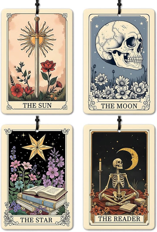Witchy Gothic Car Air Freshener 4 Pcs, Vintage Boho the Moon Sun Star Reader Tarot Card Hanging Air Freshener for Closet Drawer Books, Goth Skull Skeleton Car Accessories Mirror Decor for Women