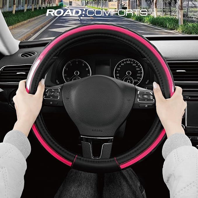 Road Comforts Leather Steering Wheel Cover – Black & Hot Pink, Universal Fit 14.5-15 Inch, Microfiber Leather, Anti-Slip & Breathable Design for Men and Women