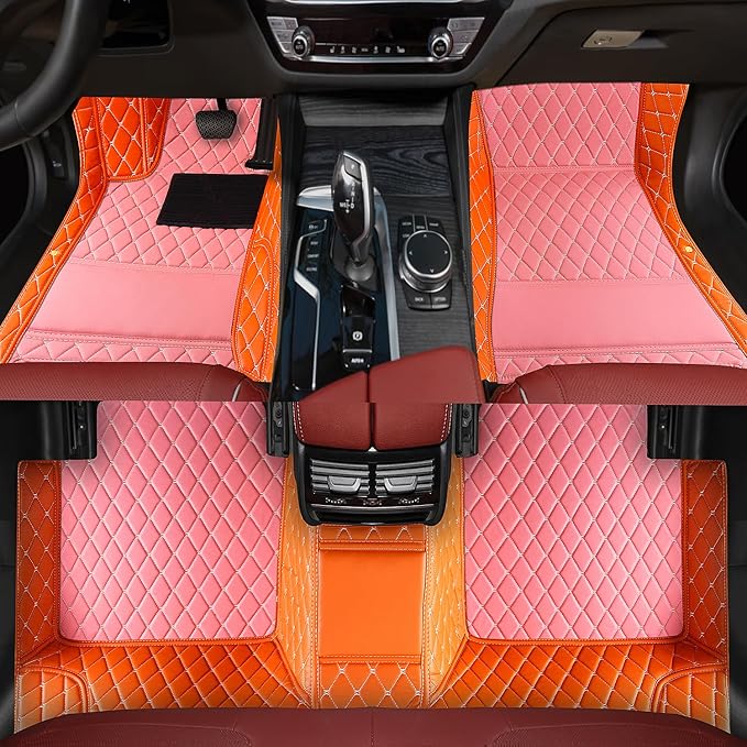 Luxury Leather Floor Mats, Custom Fit for 99% Vehicles, All Weather, Anti-Slip, Full Coverage, for Sedans Trucks SUV (Orange and Pink)
