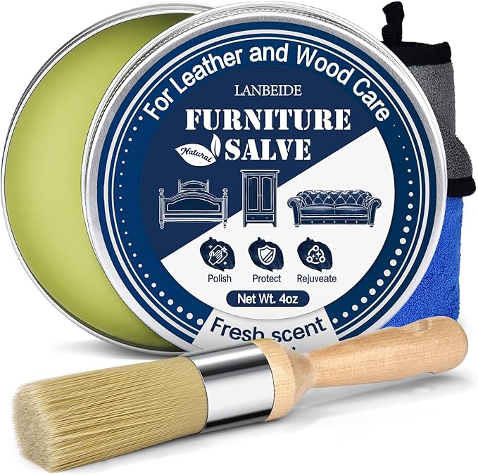 LANBEIDE Furniture Salve with Brush for Leather Wood, Polisher and Conditioner for Leather Couch and Furniture-Repair Salve 4OZ with Brush and Towel