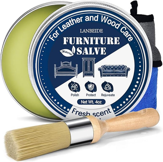 LANBEIDE Furniture Salve with Brush for Leather Wood, Polisher and Conditioner for Leather Couch and Furniture-Repair Salve 4OZ with Brush and Towel