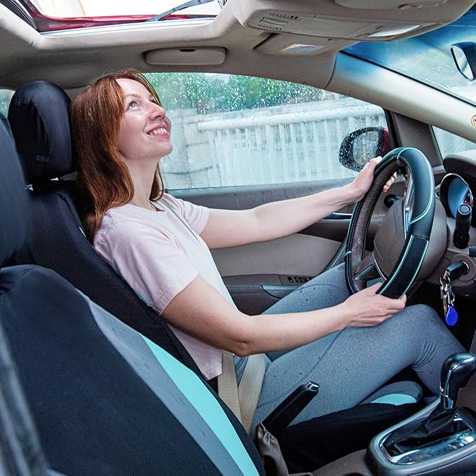 Car Pass Colour Piping Leather Universal Fit Steering Wheel Cover,Perfectly fit for 14.5-15 inches for Various Vehicles SUVs,Vans,Sedans,Cars (Black & Mint)