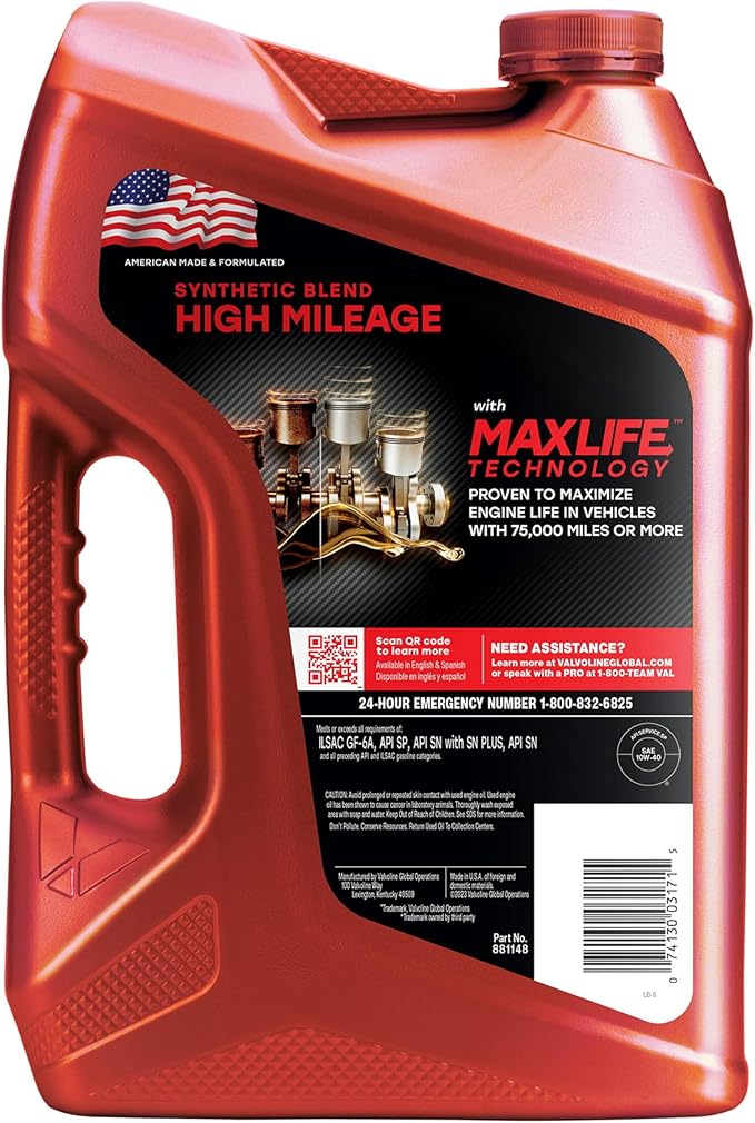Valvoline High Mileage with MaxLife Technology SAE 10W-40 Synthetic Blend Motor Oil 5 QT, Case of 3 (Packaging May Vary)