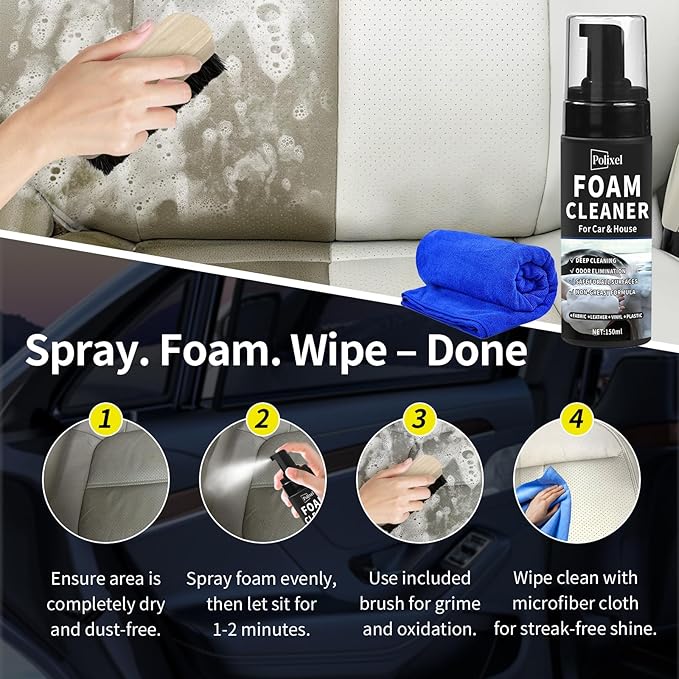 Car Interior Foam Cleaner - Powerful Waterless Carpet Upholstery & Seat Stain Remover for Leather, Fabric, Vinyl - Auto Detailing Spray with Brush Safe for All Cars - 5oz / 150ml