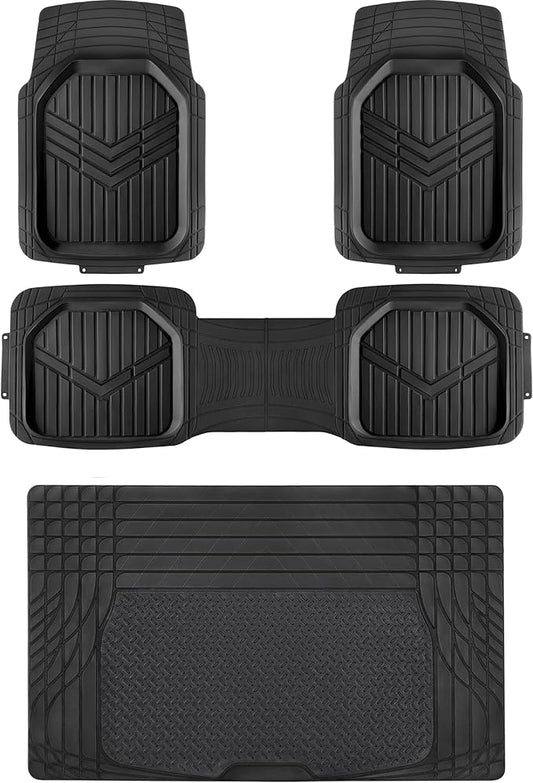 Amazon Basics 4-Piece Heavy Duty PVC Floor Mats with Cargo Liner and Rear, Waterproof Trim To Fit Car Mats, Black