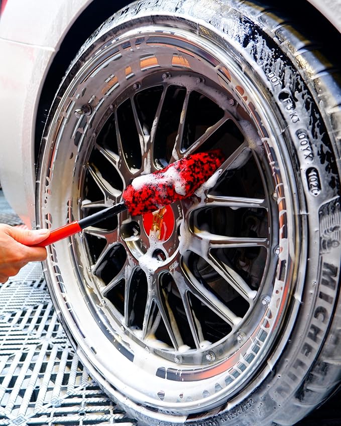 Wheel Brushes for Cleaning Wheels (4 Pro Pack)- 2X Soft Wheel Cleaning Woolies Brush, Detailing Brush and Stiff Tire Brush, Scratch Free Durable Car Wheel Rim Brush Kit for Car Rim and Tire Detailing