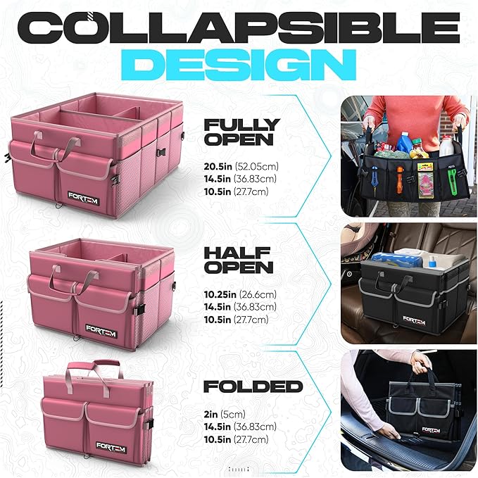 FORTEM Car Trunk Organizer, Collapsible Multi Compartment SUV Organizer, Foldable Storage for Car Accessories for Women Men, 600D Oxford, Non Slip Bottom, Securing Straps, Soft Cover (50L)