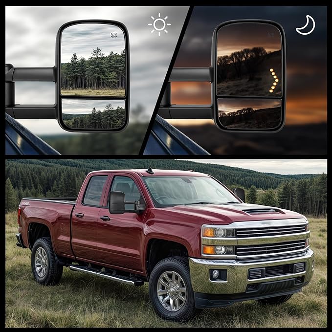 DWVO Towing Mirrors Compatible with 2015-2018 Sierra 2500 HD 3500 HD Tow Mirrors, 2014-2018 Silverado 1500, Heated LED Turn Signal Lights Power Telescoping Pair Set Black