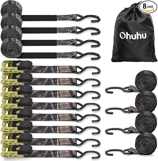 Ratchet Tie Down Strap 8-Pack 15 FT - 500 lbs Load Cap with 1500 lbs Breaking Strength Limit, Ohuhu Ratchet Tie Down Logistic Cargo Straps for Moving Appliances Cargo Motorcycle Lawn Equipment