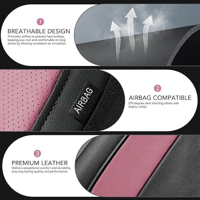 Road Comforts Car Seat Cover, Leather Seat Covers, Automotive Low Back Front Car Seat Covers, Airbag Compatible, Universal Fit for Most Cars (Pink)