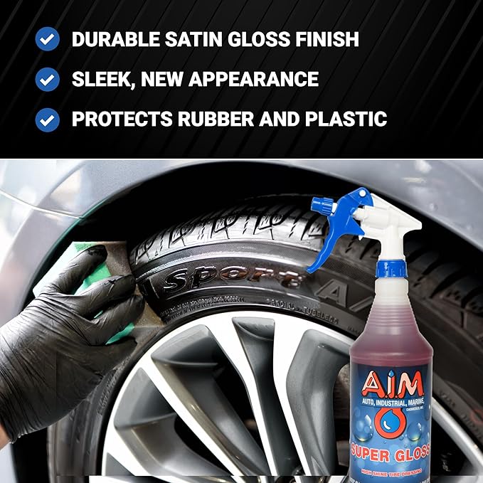 AIM Chemicals Super Gloss - Durable long lasting Tire Shine, Rubber & Vinyl Protector, Long-Lasting UV Protection, Versatile Application for Tires, Plastic Trims, Bumpers, 1 Quart