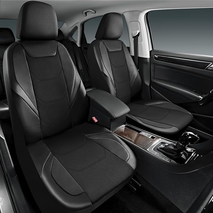 Road Comforts Car Seat Cover Full Set, Leather Mesh Seat Covers, Airbag Compatible, Universal Fit for Most Cars, SUVs, Trucks, and Vans - Black