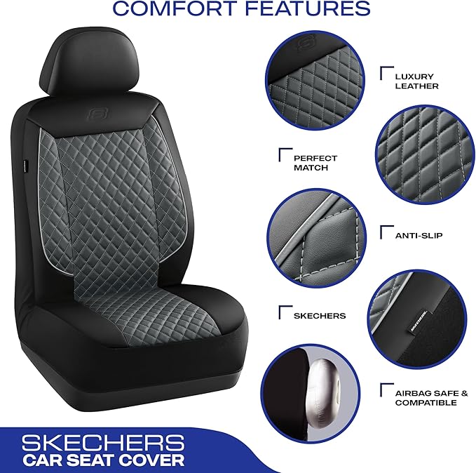 Skechers Car Seat Covers,Piping Luxury Faux Seat Covers,Waterproof Anti Slip Car Seat Protector Full Set,Car Accessories Airbag Universal Fit for Most Cars,Vans,Trucks,SUV,Gray