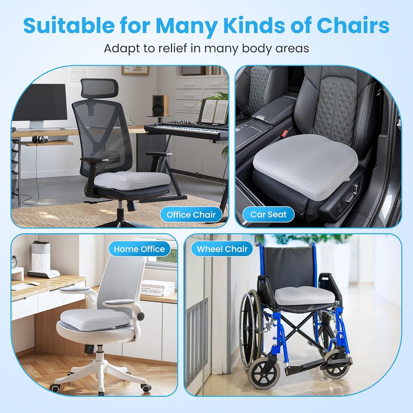 Office Chair Cushion - Breathable Pressure Relief Seat Cushion with Hours Sitting on Gaming/Car/Wheelchair, Extra-Dense Air Fiber for Orthopedic Coccyx, Sciatica & Hip Support (Light Gray)