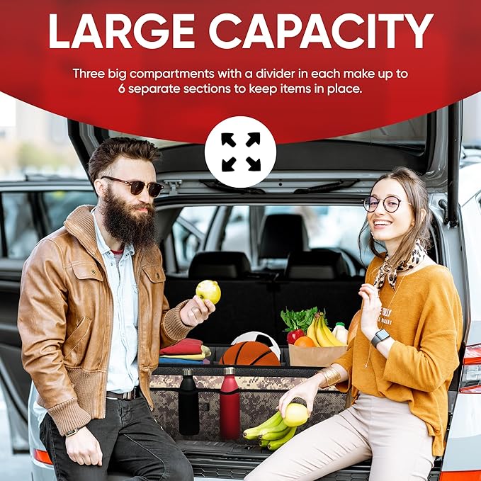 FORTEM Car Trunk Organizer with Cooler, Collapsible Multi Compartment SUV Organizer, Foldable Storage for Car Accessories for Women Men, 600D Oxford, Non Slip Bottom, Securing Straps Soft Cover (105L)
