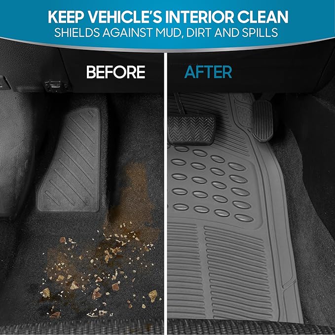 BDK All Weather Rubber Floor Mats for Car SUV & Truck - 4 Pieces Set (Front & Rear), Trimmable, Heavy Duty Protection (Grey), 1 Count (Pack of 1)