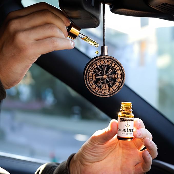 Wood Car Air Freshener — Handmade Car Air Freshener — Vegvisir Designed Fragrance Oil Diffuser in Wooden Gift Box — Aromatherapy Gift Set with Mountain Rain Fragrance Oil - 10 ml