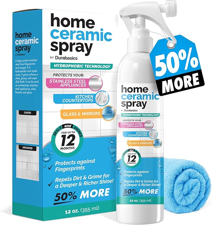 [12 Oz] Home Ceramic Coating Spray Kit - Shine, Seal & Protect Kitchen & Bath Surfaces - High Shine - Repels Stains & Grime Effortlessly - Use on Stainless Steel, Sinks, Countertops, Glass & More