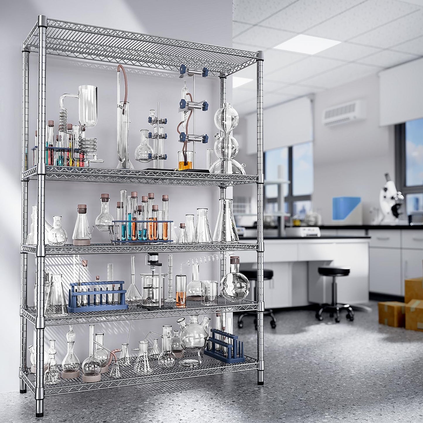 IZEUK 3300 LBS Garage Shelving Wide Storage Shelves 5 Tier Metal Shelves Heavy Duty Adjustable Utility Shelf Rack Chrome 17.7" D x 59.1" W x 70.4" H