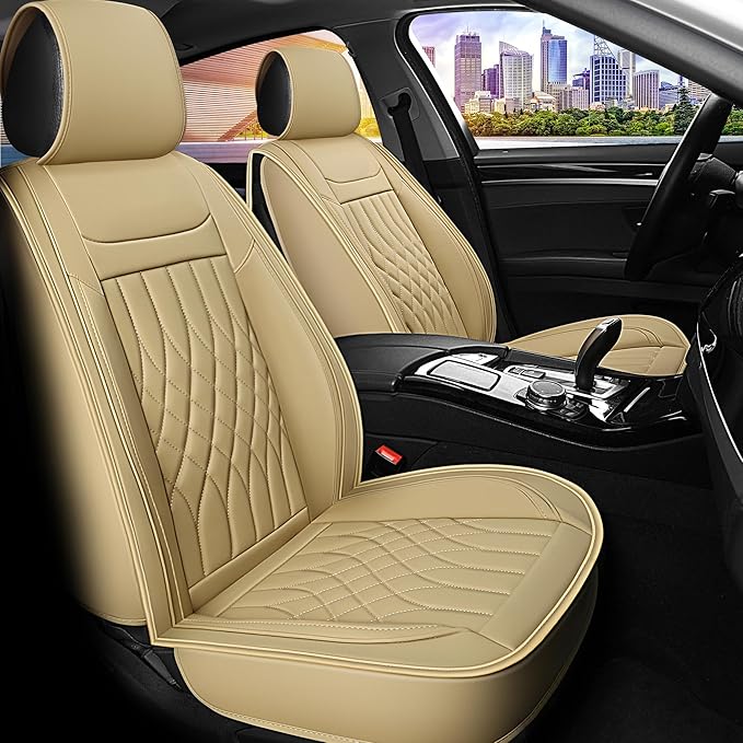 Car Seat Covers 5 Seats Full Set, Waterproof Napa Leather Automotive Seat Protector for Cars SUV Truck Sedan, Universal Anti-Slip Car Seat Cushion Interior Accessories, Beige