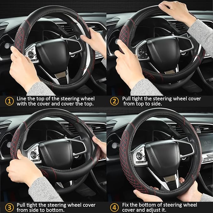 West Llama Customized Auto Car Steering Wheel Cover for Dodge 1989-2011 RAM 1500 2500 3500, Charger, Durango, Challenger (Diamond Quilted-Black+Red-Standard Size)