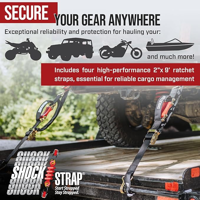 Ratchet Strap, 9' x 2" Shock Absorbing Heavy Duty Tie downs for Cargo, 2,000 LB WLL / 6,000 LB Break Strength, 4-Pack