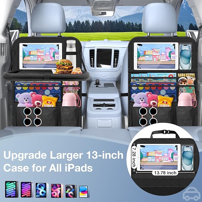 Car Backseat Organizer with Table Tray(2-Pack) 9 Storage Pockets Backseat Car Organizer and storage with Tablet Holder, Kick Mats Back Seat Cover for Kids family Road Trip Essentials Travel