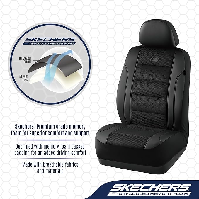Skechers Aircooled & Memory Foam Car Seat Covers,Premium Leather with EVA Mesh Seat Covers, Front car seat Protector, Airbag Compatible, Automotive Comfort for Most Cars, Vans, Trucks, SUV,Black