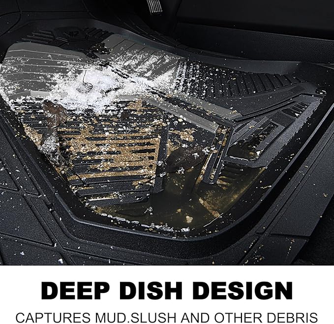 CAR PASS Heavy Duty Rubber Car Mats, Deep-Dish Car Floor Mats All Weather, Universal Two-Tone Trim-to-Fit for SUVs Trucks Sedans, Waterproof Anti-Slip, 3 Pieces V12 Black and Charcoal