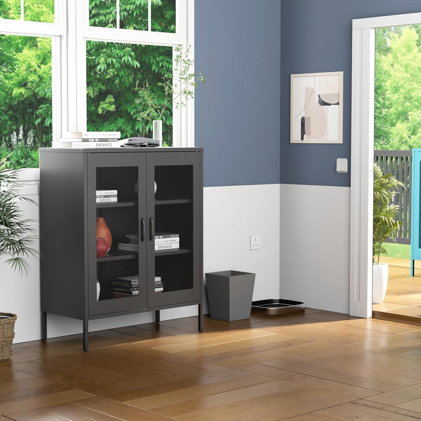 Metal Storage Cabinet with Mesh Doors and Shelves,Multipurpose Storage Rack, 3-Tier Office Cabinet,Metal Locker Style Accent for Home Office,Living Room,Kitchen (Black-mesh, 40''H)