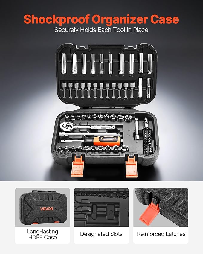 VEVOR Socket Set, 70 Pieces, 1/4 inch Drive Socket and Ratchet Set, SAE and Metric, Deep and Shallow, Mechanic Tool Kit with Bits, Accessories and Storage Case, CR-V Alloy Steel, for Automotive Repair