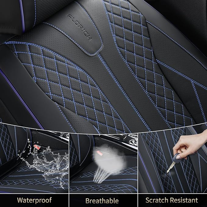 FLORICH Universal Seat Covers for Cars, Front and Back Seat Cover for Car Luxury Faux Leather Waterproof Seat Cover Universal Fit for Most Cars SUV Trucks, Black&Blue Line