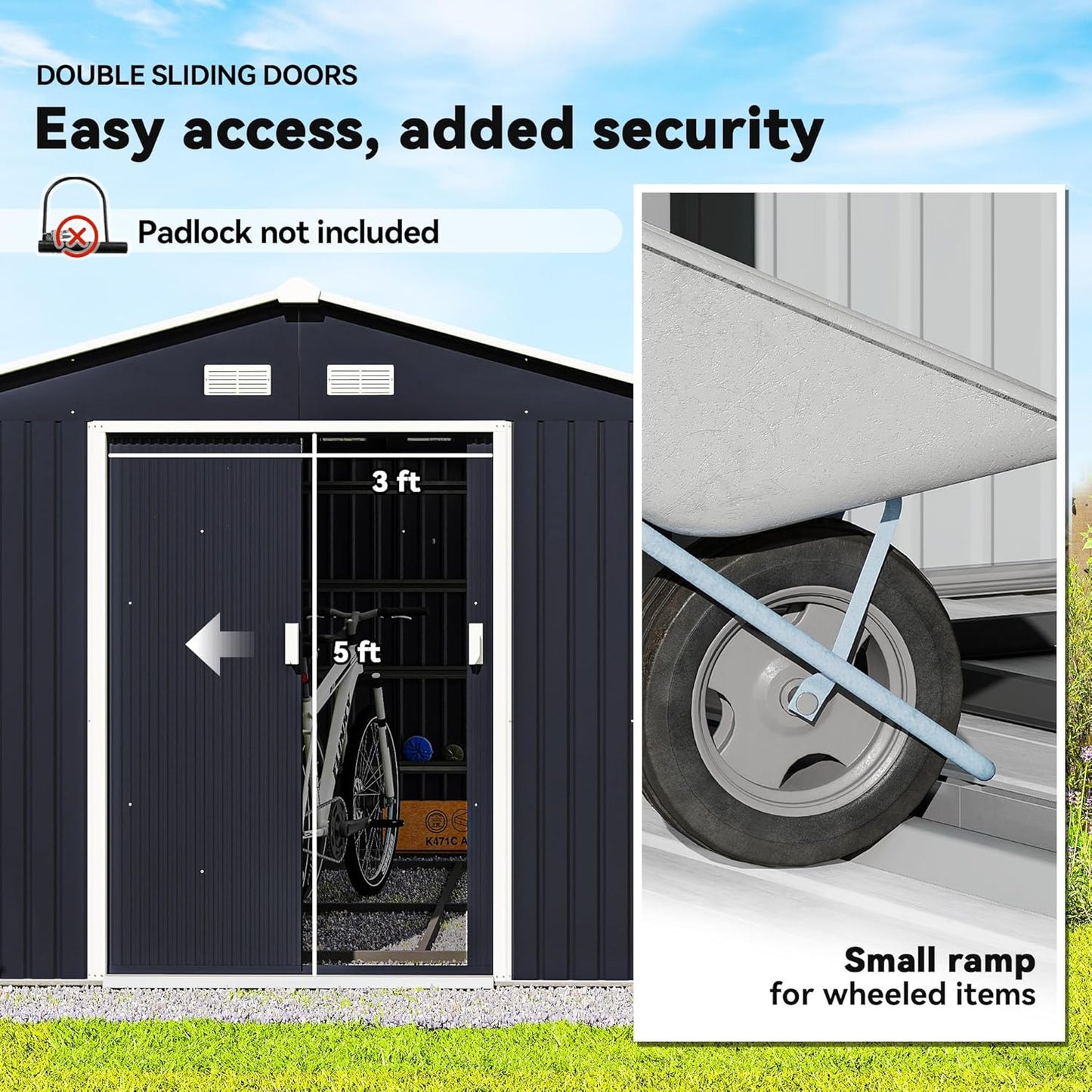 Outsunny 11' x 9' Outdoor Storage Shed, Garden Tool Metal Shed with Foundation Kit, Double Lockable Door, Air Vents and Sloping Roof, for Backyard, Patio, Lawn, Dark Gray