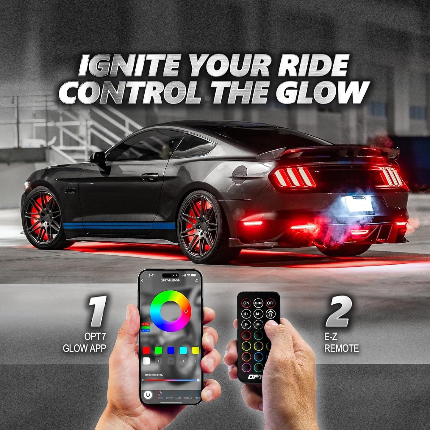 OPT7 Aura Pro Underglow LED Lights with APP & Remote Control, RGB Multicolor Mode, Music Sync, 4 PCS Waterproof Rigid Aluminum Light Bar, Exterior Underbody Lighting Kit Universal Fit for Car Truck RV