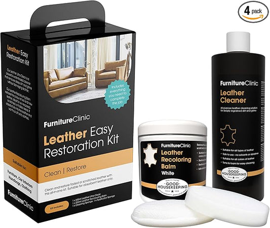 Furniture Clinic Leather Easy Restoration Kit | with Leather Recoloring Balm, Cleaner, Sponge, and Cloth | Leather Repair Kit for Scratched and Faded Furniture (White)
