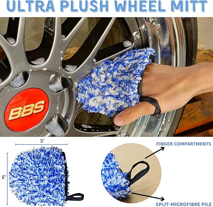 7PCS Car Wheel Rims Detail Cleaning PRO Wash Kit, Wheel Wash Mitt, Tire Brush, 2PCS Soft Woolies Wheels Brush, Detailing Brush, and Tire Dressing Pads, Microfiber Dry Towel Scratch-Free Cleaning