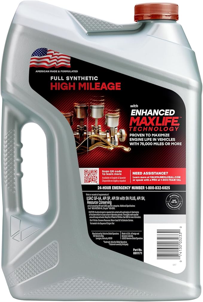 Valvoline Full Synthetic High Mileage with MaxLife Technology SAE 5W-20 Motor Oil 5 QT, Case of 3