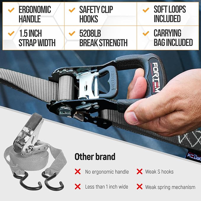 FORTEM Ratchet Tie Down Straps, 5208lb Break Strength, 4 Pack 10ft x 1.5in Heavy Duty Straps, 4 Soft Loops, Cam Buckles for Motorcycles, Safety Lock S Hooks, Carry Bag