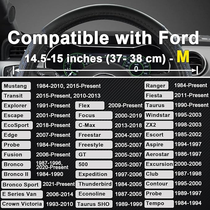 West Llama Car Steering Wheel Cover for Ford Escape,Explorer,Fusion,Focus,Bronco,Transit,Edge(Diamond Quilted - Black+Blue- Standard Size)