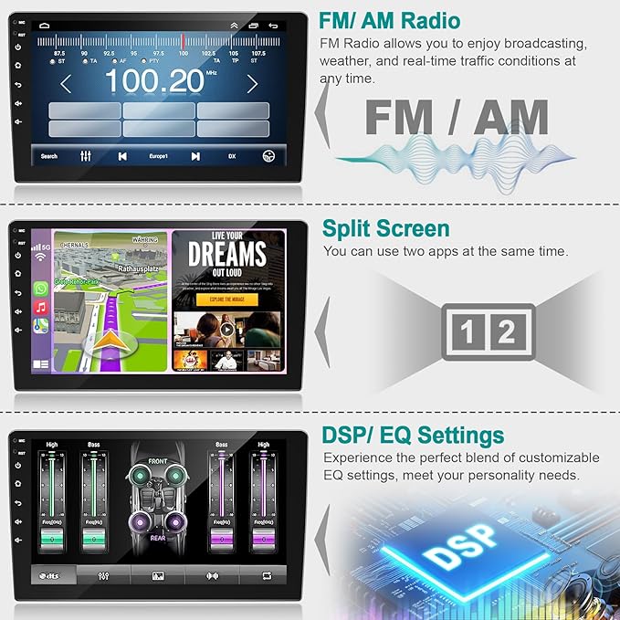 8 Core QLED Screen 1280 * 800 Car Radio Double Din Android 13 GPS Navigation Stereo with Wireless Carplay Android Auto, FM/AM, Bluetooth,Steering Wheel Control,DSP
