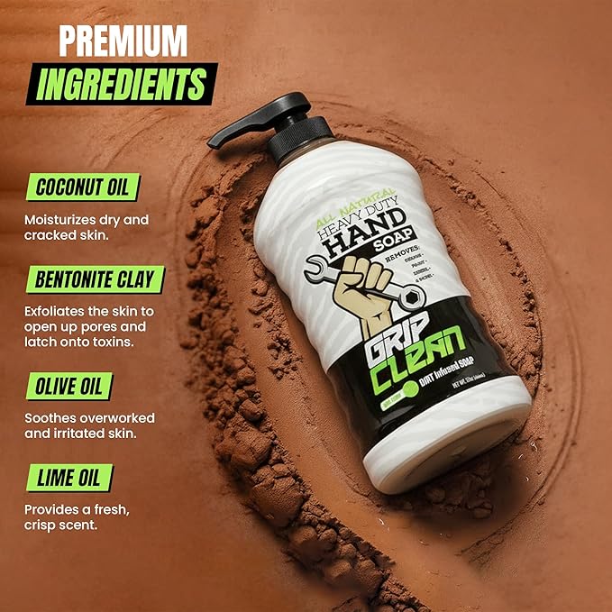 Grip Clean Heavy Duty Hand Cleaner for Mechanics – Natural Pumice & Clay-Infused Technology Removes Grease, Oil & Grime – Moisturizing Liquid Hand Soap for Shop, Garage & Industrial Use – 32oz