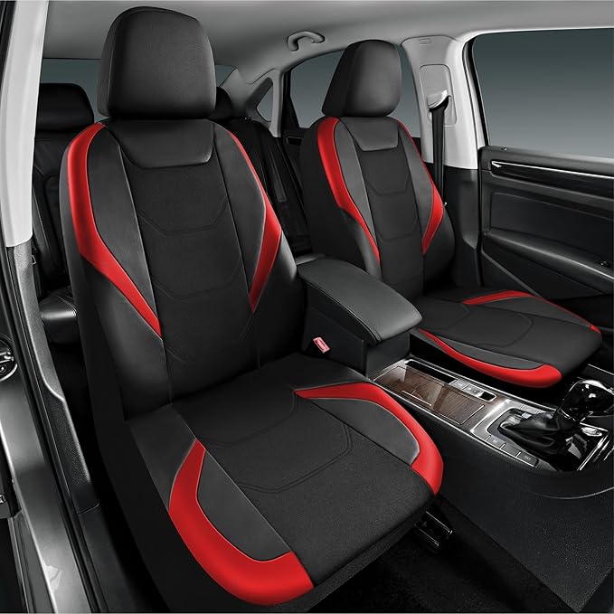 Road Comforts Car Seat Cover Full Set, Leather Mesh Seat Covers, Airbag Compatible, Universal Fit for Most Cars, SUVs, Trucks, and Vans - Red