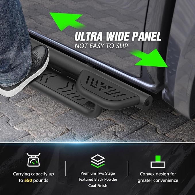 Three Raised Steps Double Cab Running Boards Compatible with 2022-2025 Toyota Tundra DoubleCab (2 Half-Size Rear Doors) Side Steps, Two Stair Design Style Nerf Bars Black Truck Side Rails